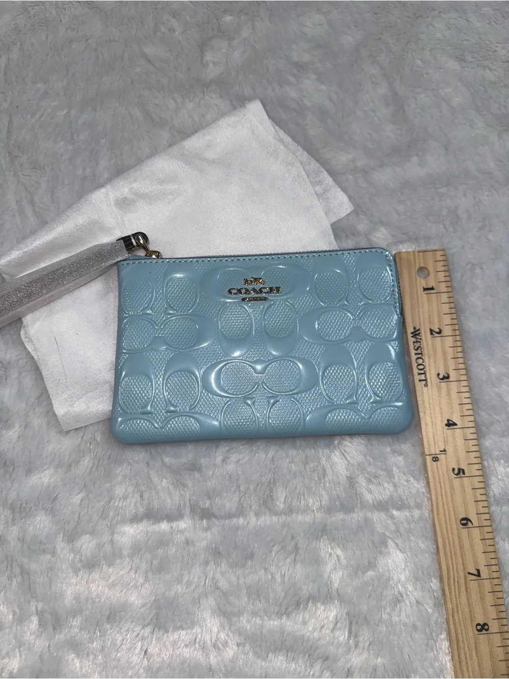 Coach Glossy Signature Patent Wristlet in Light Blue